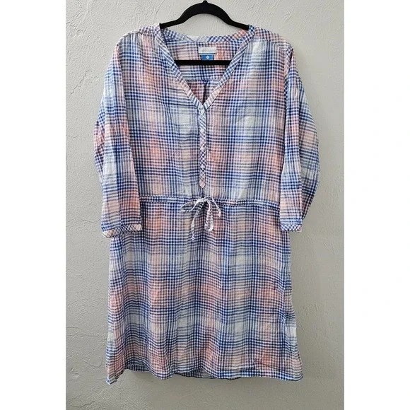Columbia Women's Dress 3/4 Sleeve Size Large Blue Coral 100% Cotton Checkered - Picture 1 of 7